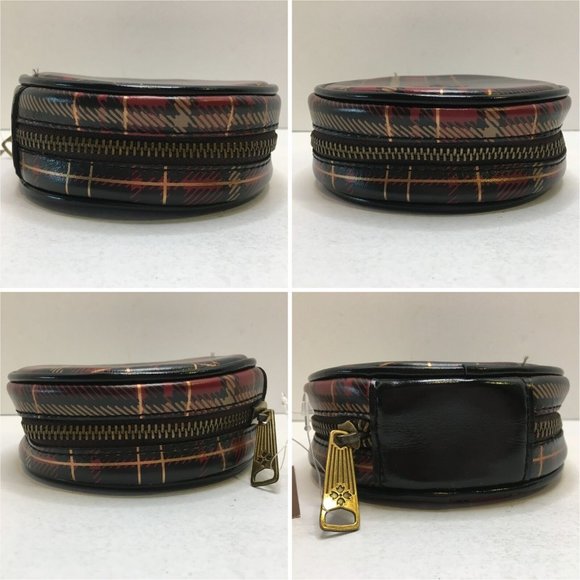 Patricia Nash Diamante Leather Round Zip Jewelry Case Bag Plaid Tartan Red Pouch - Picture 6 of 11